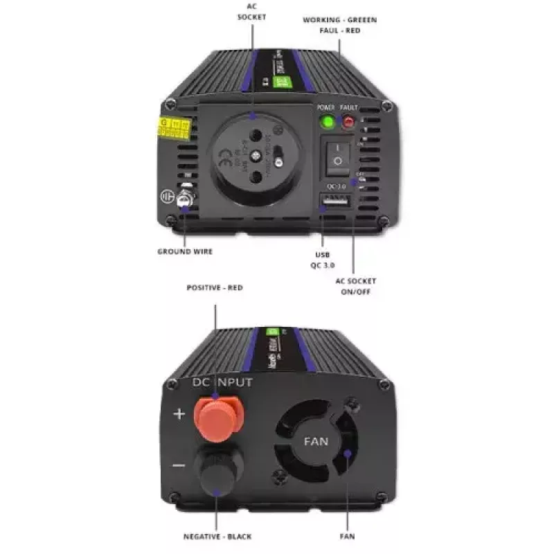 Wechselrichter QOLTEC Monolith 600 W — 12 V auf 230 V, USB PD 18 W, Auto/Innenbereich, schwarz