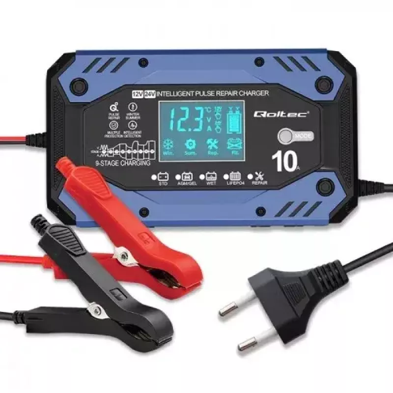 Fahrzeug-Batterieladegerät QOLTEC 52482 12/24 V 5/10 A mit LCD-Anzeige und Typ-F-Stecker