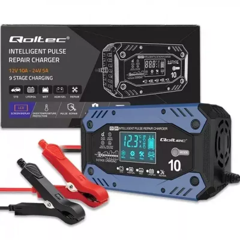 Fahrzeug-Batterieladegerät QOLTEC 52482 12/24 V 5/10 A mit LCD-Anzeige und Typ-F-Stecker