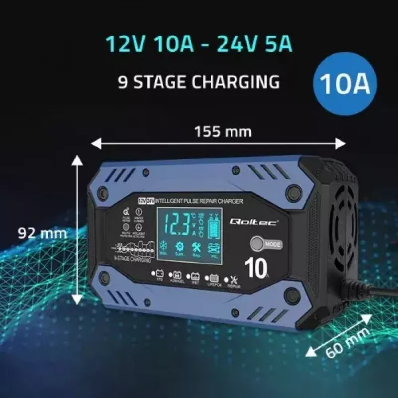 Fahrzeug-Batterieladegerät QOLTEC 52482 12/24 V 5/10 A mit LCD-Anzeige und Typ-F-Stecker