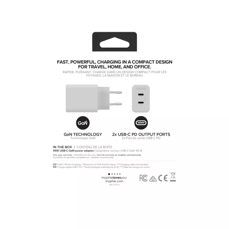 mophie-Zubehör, Netzadapter – USB-C-PD-DUAL-45W-GAN – Weiß – EU (2x USB-C)