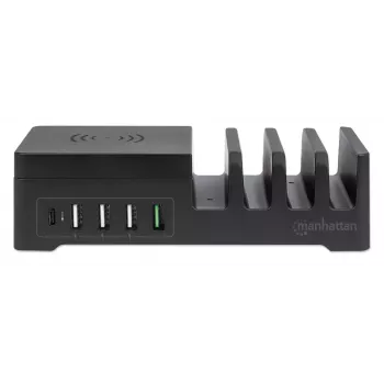 Manhattan Ladestation mit kabellosem Ladepad (abnehmbar), 1x kabellos, 1x USB-C und 4x USB-A Anschlüsse, kabellose Ausgangsleistung: 2 A, USB-C Ausgangsleistung: 3 A, USB-A Ausgänge: 1x 3 A und 3x max. 2,4 A, Kabel 1 m, Schwarz (Netzkabel: Euro-Stecker 2-polig auf C7-Gerätestecker)