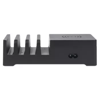 Manhattan Ladestation mit kabellosem Ladepad (abnehmbar), 1x kabellos, 1x USB-C und 4x USB-A Anschlüsse, kabellose Ausgangsleistung: 2 A, USB-C Ausgangsleistung: 3 A, USB-A Ausgänge: 1x 3 A und 3x max. 2,4 A, Kabel 1 m, Schwarz (Netzkabel: Euro-Stecker 2-polig auf C7-Gerätestecker)