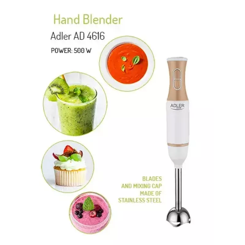 Stabmixer Adler AD 4616 — handgehaltener Stabmixer, 500 W max, 2 Geschwindigkeiten, Edelstahlklingen, weiß