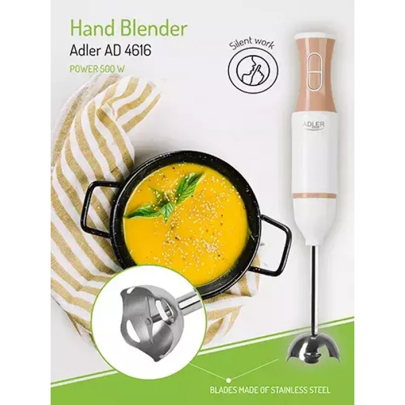 Stabmixer Adler AD 4616 — handgehaltener Stabmixer, 500 W max, 2 Geschwindigkeiten, Edelstahlklingen, weiß