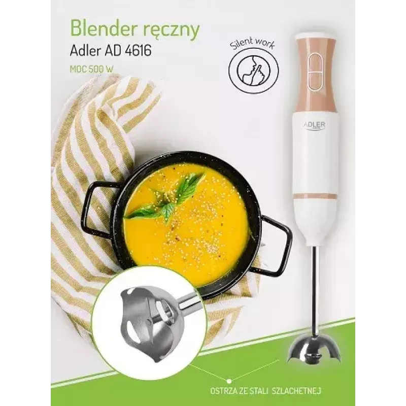 Stabmixer Adler AD 4616 — handgehaltener Stabmixer, 500 W max, 2 Geschwindigkeiten, Edelstahlklingen, weiß