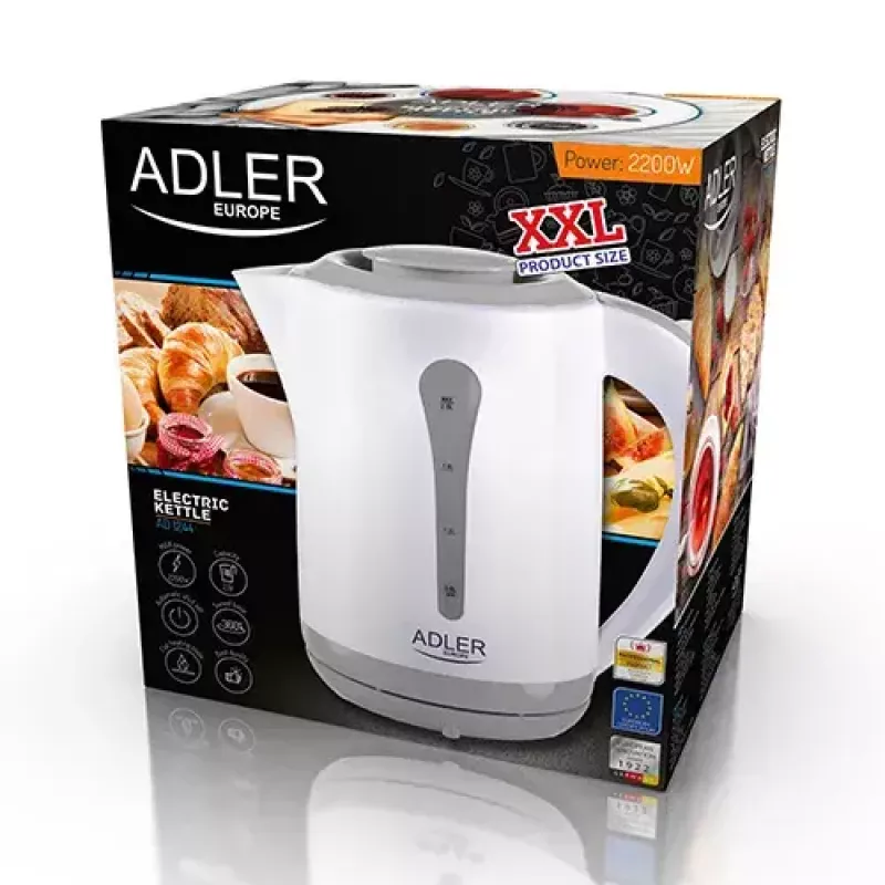 Elektrischer Wasserkocher Adler AD 1244 — 2,5 L, 2200 W, weiß, verdecktes Heizelement