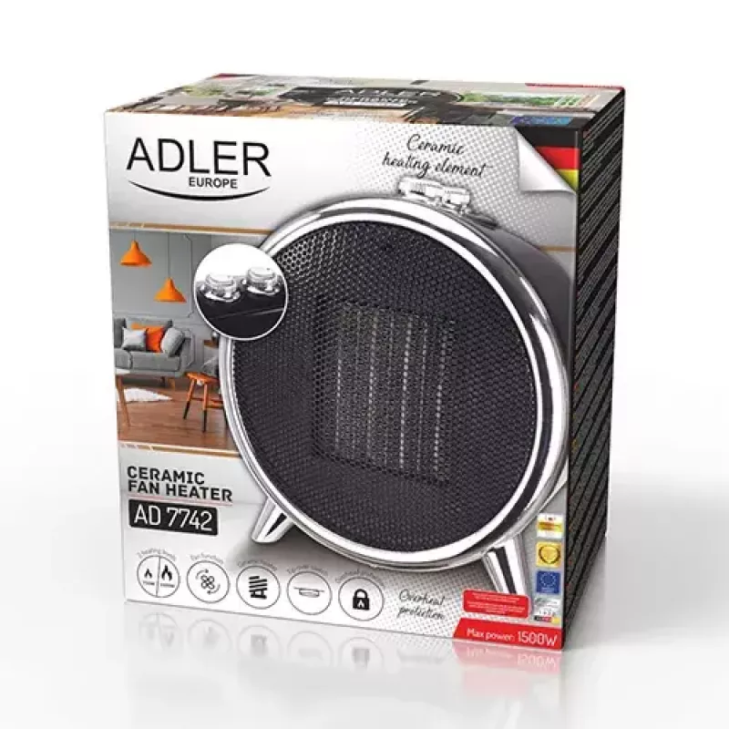 Elektrischer Keramik-Heizlüfter Adler AD 7742 — 1500/750 W, Standgerät, 220–240 V, schwarz/silber