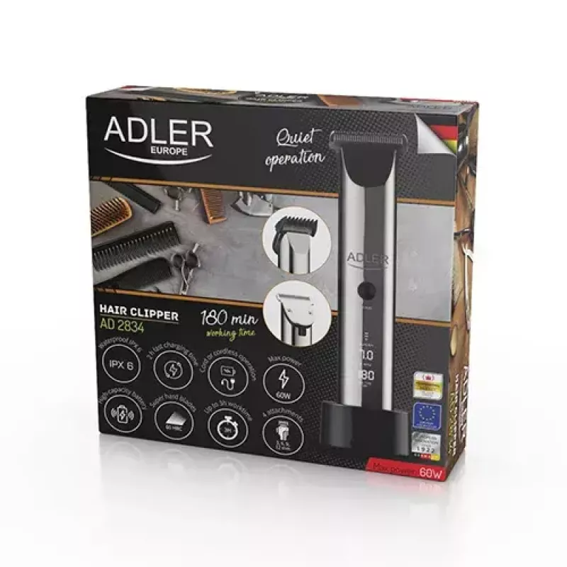 Adler AD 2834 Haarschneidemaschine, 3 mm bis 1,2 cm, 4 Aufsätze, LCD, silber
