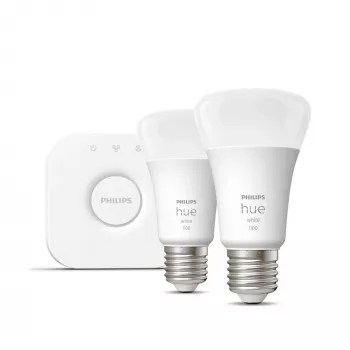 Philips Hue White Starter-Kit: 2 E27 Smart Bulbs (1100), Smart-Beleuchtungskit, Bluetooth/Zigbee, Weiß, LED, E27, A60