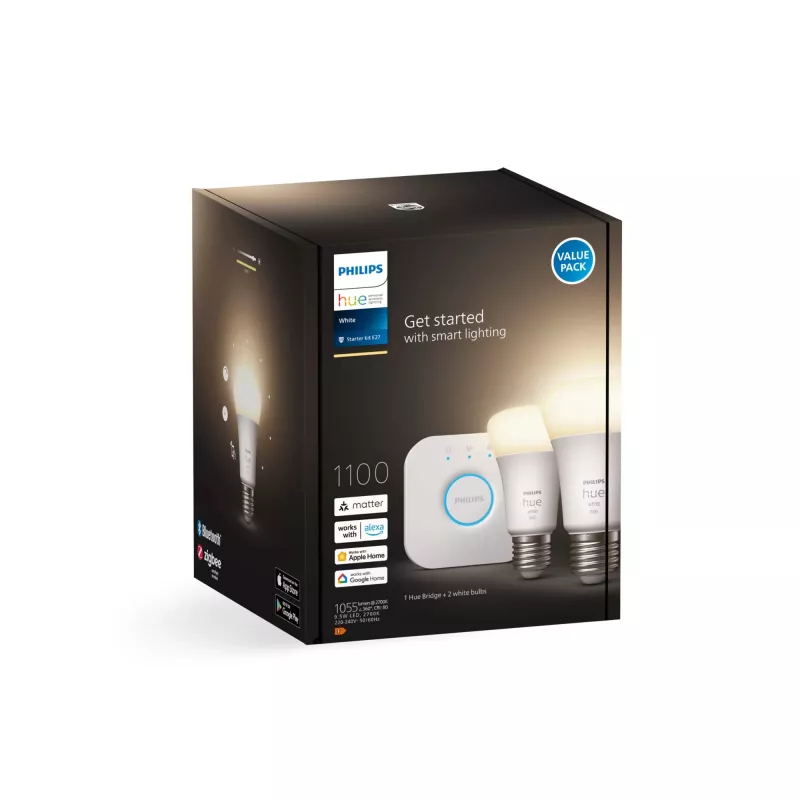 Philips Hue White Starter-Kit: 2 E27 Smart Bulbs (1100), Smart-Beleuchtungskit, Bluetooth/Zigbee, Weiß, LED, E27, A60