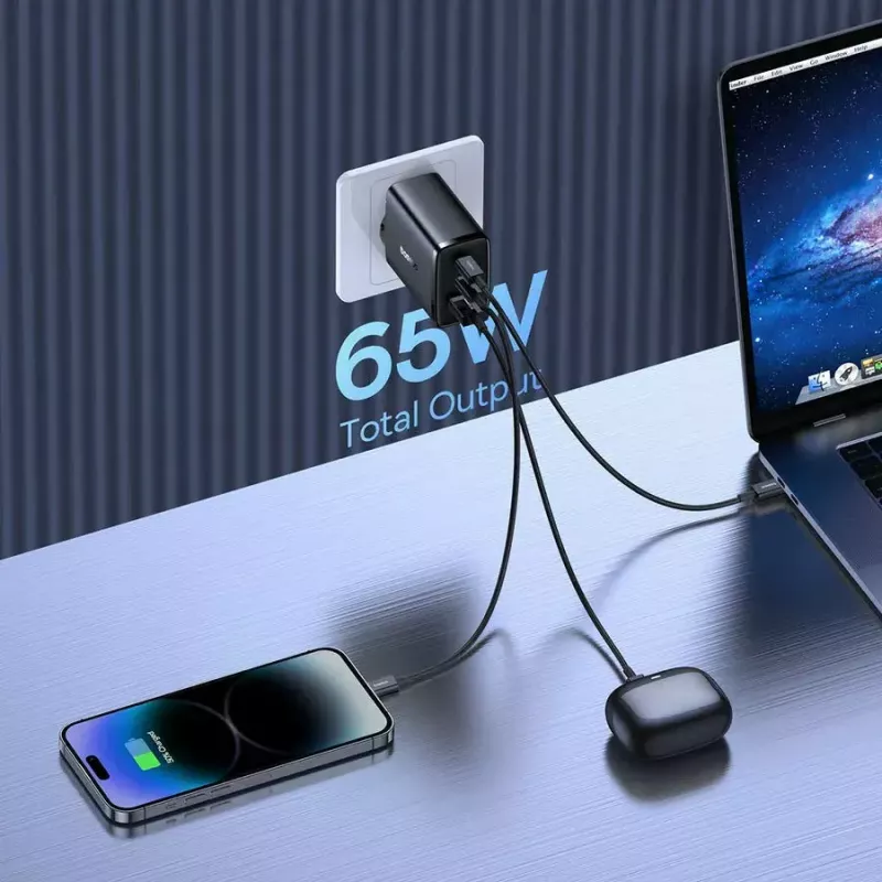 Schnellladegerät Baseus Cube Pro 65W – 3 Anschlüsse (2× USB-C, 1× USB-A), 110–240 V, AC Innenbereich, universelle Kompatibilität, schwarz, 0,154 kg