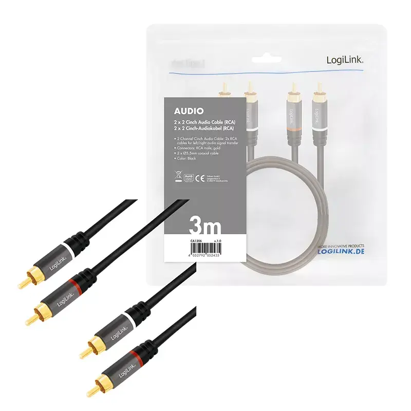 Audiokabel LogiLink CA1206 3m 2xCinch Stecker Schwarz