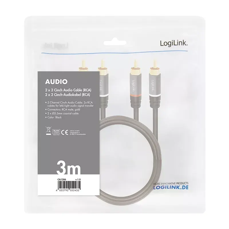 Audiokabel LogiLink CA1206 3m 2xCinch Stecker Schwarz