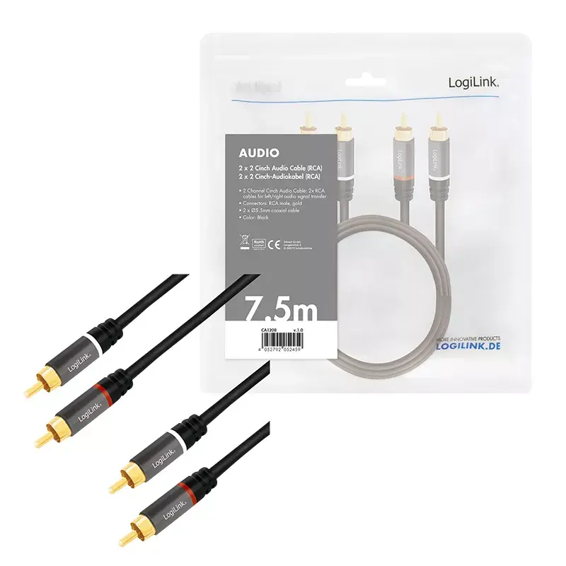 Audiokabel LogiLink CA1208 7,5 m 2 x Cinch Schwarz