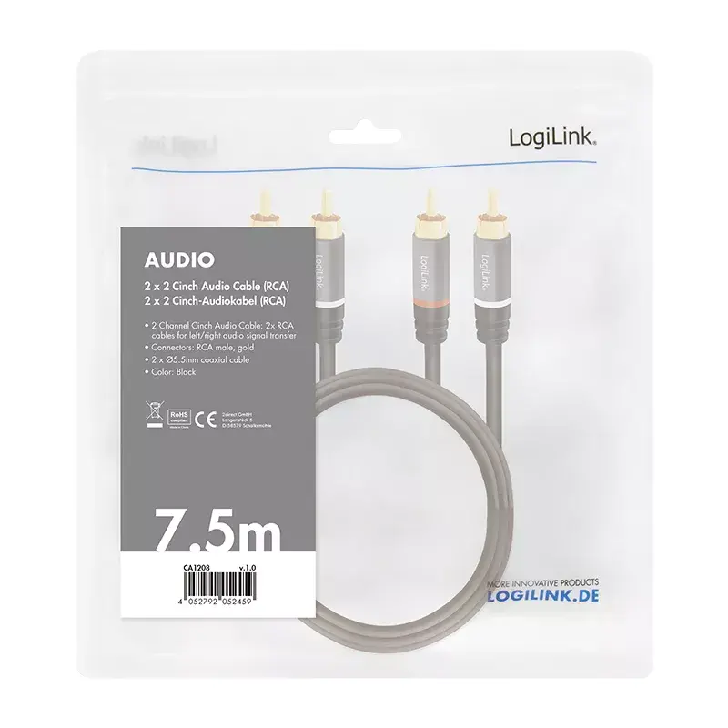 Audiokabel LogiLink CA1208 7,5 m 2 x Cinch Schwarz