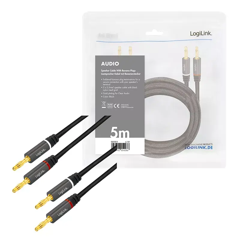 Audiokabel LogiLink CA1211 5m 2x Banana Schwarz