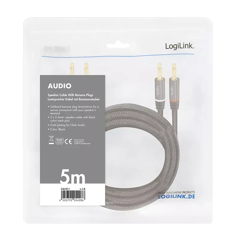 Audiokabel LogiLink CA1211 5m 2x Banana Schwarz