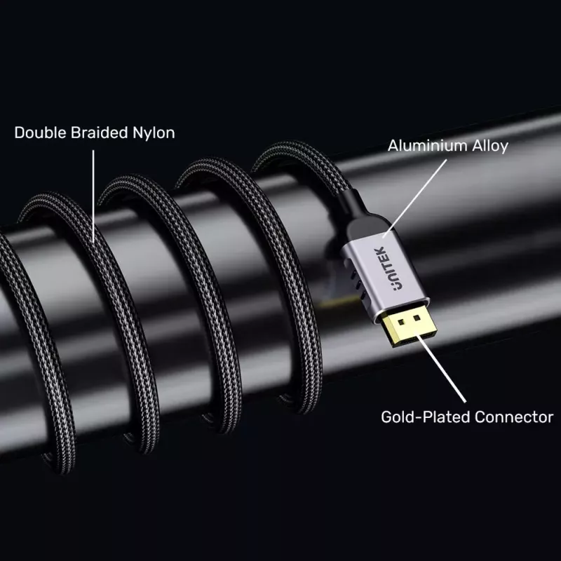 DisplayPort-Kabel Unitek C1626GY01-2M, DisplayPort 2.1 Stecker–Stecker, 2 m, 80 Gbit/s, 16K@60Hz, 4K@240Hz, HDR, HDCP 2.2