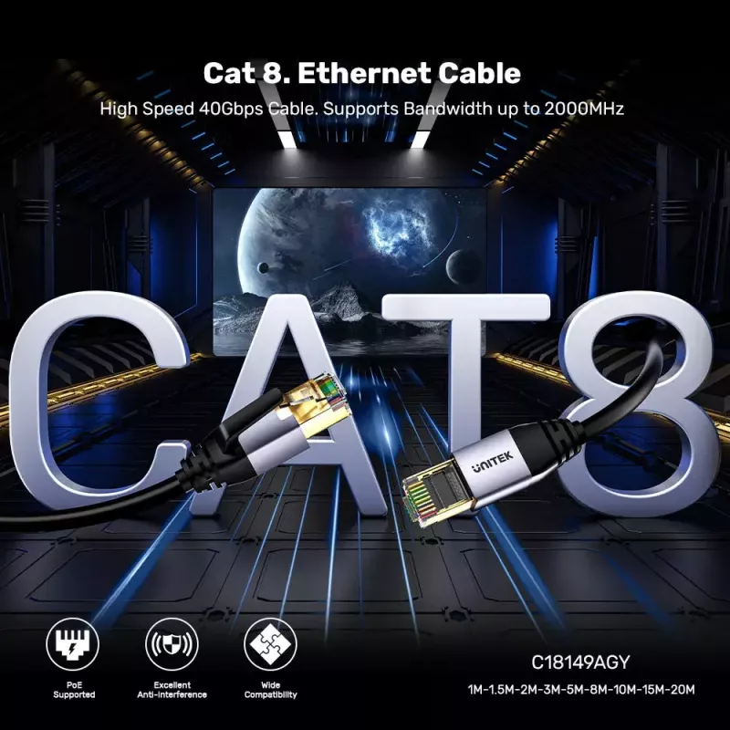 Netzwerkkabel UNITEK C18149AGY03-2M RJ-45 Cat8 2m Schwarz