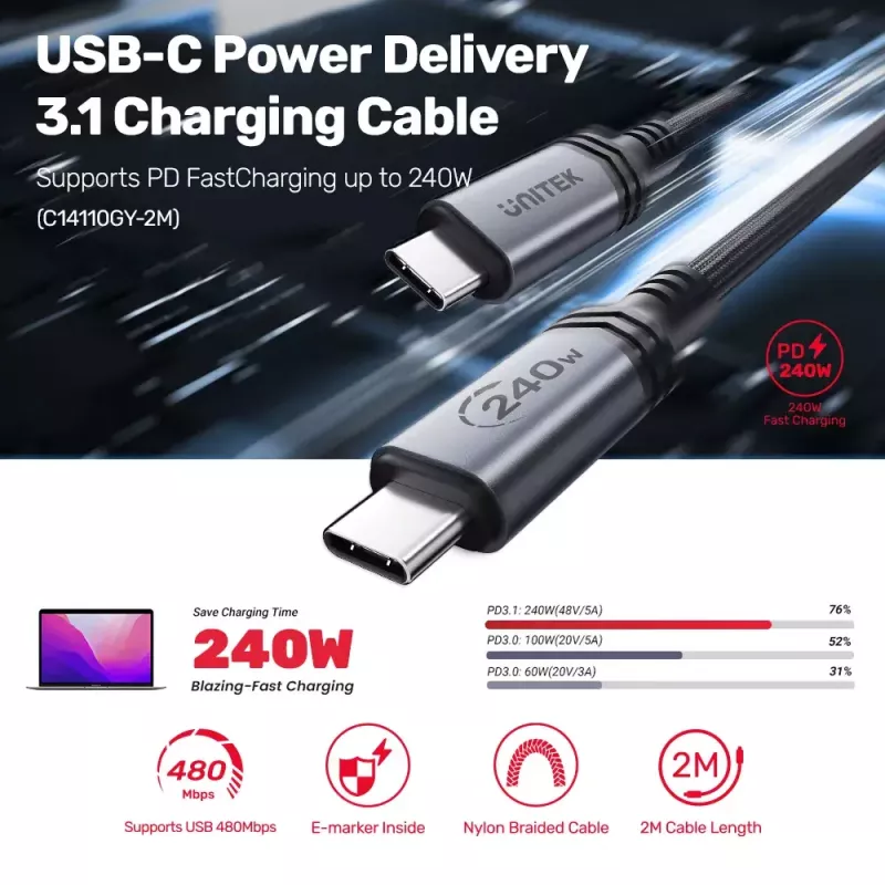 USB-C zu USB-C Kabel Unitek C14110GY-2M USB 3.2 Gen 1, 2 m, 5 A, 240 W, schwarz
