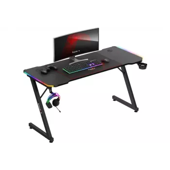 Gaming desk huzaro Hero 3.3 RGB — schwarze gerade Tischplatte 1400x600 mm, LED-Beleuchtung, Becherhalter, Kopfhörerhaken