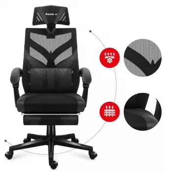 Gaming-Stuhl Huzaro Combat 5.0 Mesh-Sitz Schwarz — Mesh-Sitz, atmungsaktive Rückenlehne, Neigung 90–140°, max. Belastung 140 kg, Armlehnen, Fußstütze