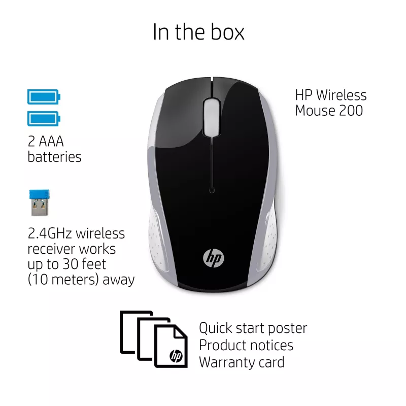 HP Wireless Maus 200 (Pike Silver), beidhändig, optisch, RF Wireless, 1000 DPI, Silber