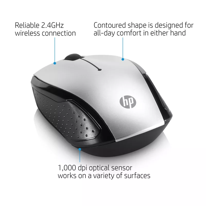 HP Wireless Maus 200 (Pike Silver), beidhändig, optisch, RF Wireless, 1000 DPI, Silber