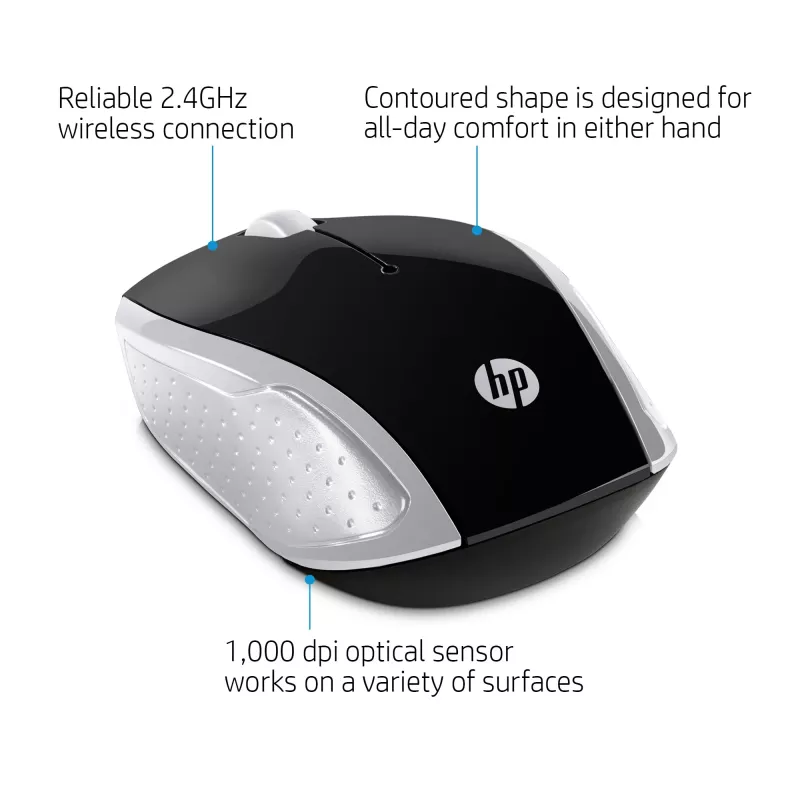 HP Wireless Maus 200 (Pike Silver), beidhändig, optisch, RF Wireless, 1000 DPI, Silber