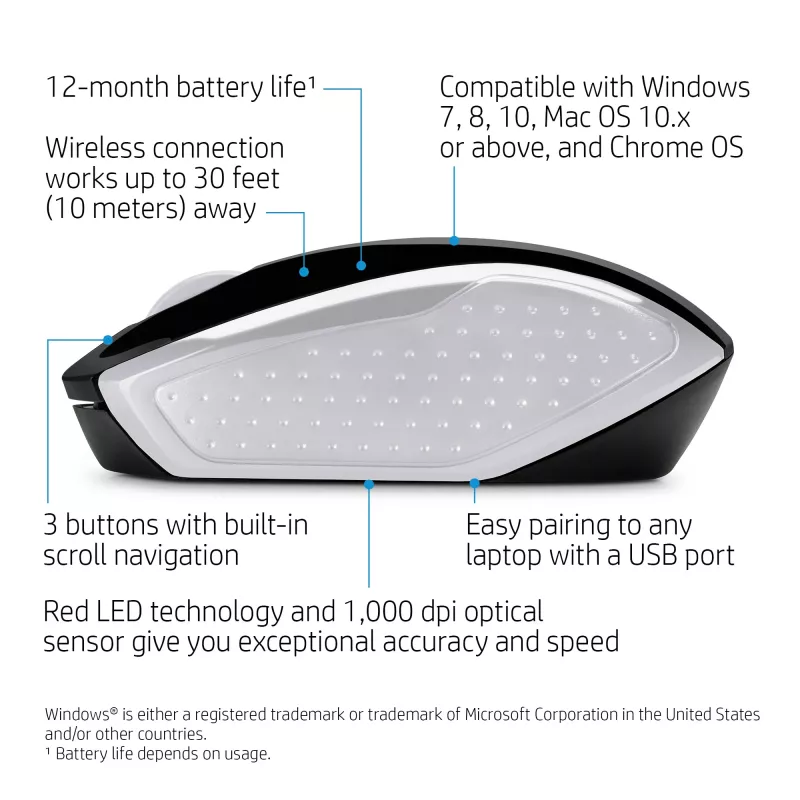 HP Wireless Maus 200 (Pike Silver), beidhändig, optisch, RF Wireless, 1000 DPI, Silber