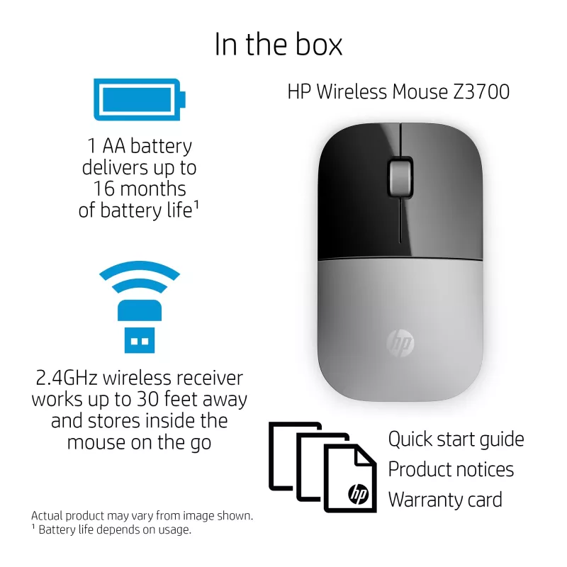 HP Z3700 Silberne kabellose Maus, beidhändig, optisch, RF Wireless, 1200 DPI, Silber