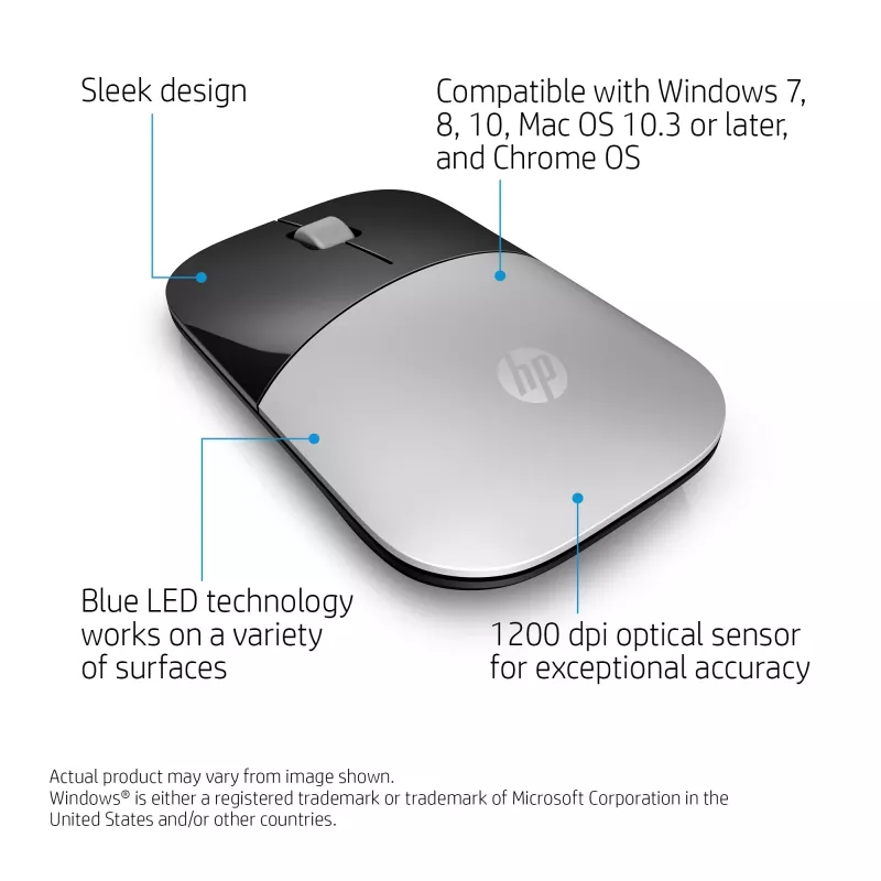 HP Z3700 Silberne kabellose Maus, beidhändig, optisch, RF Wireless, 1200 DPI, Silber