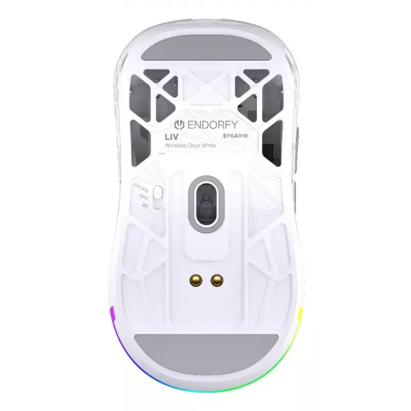 Kabellose Gaming-Maus ENDORFY LIV Onyx White — Bluetooth/2,4 GHz, 12000 DPI, beidhändig, aRGB-Beleuchtung, 6 Tasten, USB-A/USB-C-Kabel