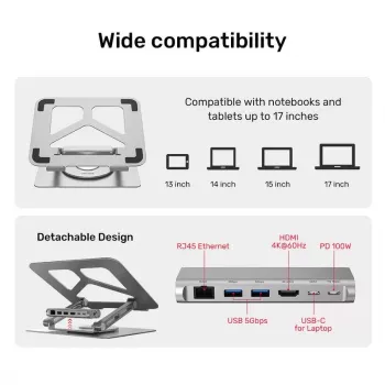 Laptop-Ständer Unitek D1109A – verstellbarer Aluminium-Ständer mit USB-C-Hub, HDMI, Gigabit-Ethernet (geeignet für 14–17 Zoll)