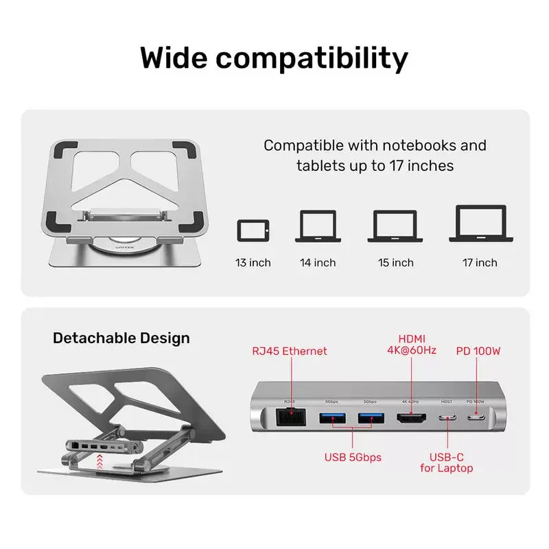 Laptop-Ständer Unitek D1109A – verstellbarer Aluminium-Ständer mit USB-C-Hub, HDMI, Gigabit-Ethernet (geeignet für 14–17 Zoll)