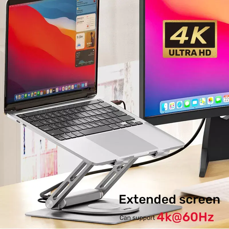 Laptop-Ständer Unitek D1109A – verstellbarer Aluminium-Ständer mit USB-C-Hub, HDMI, Gigabit-Ethernet (geeignet für 14–17 Zoll)