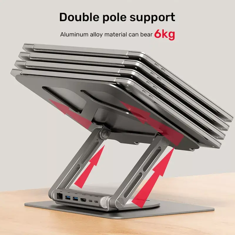 Laptop-Ständer Unitek D1109A – verstellbarer Aluminium-Ständer mit USB-C-Hub, HDMI, Gigabit-Ethernet (geeignet für 14–17 Zoll)