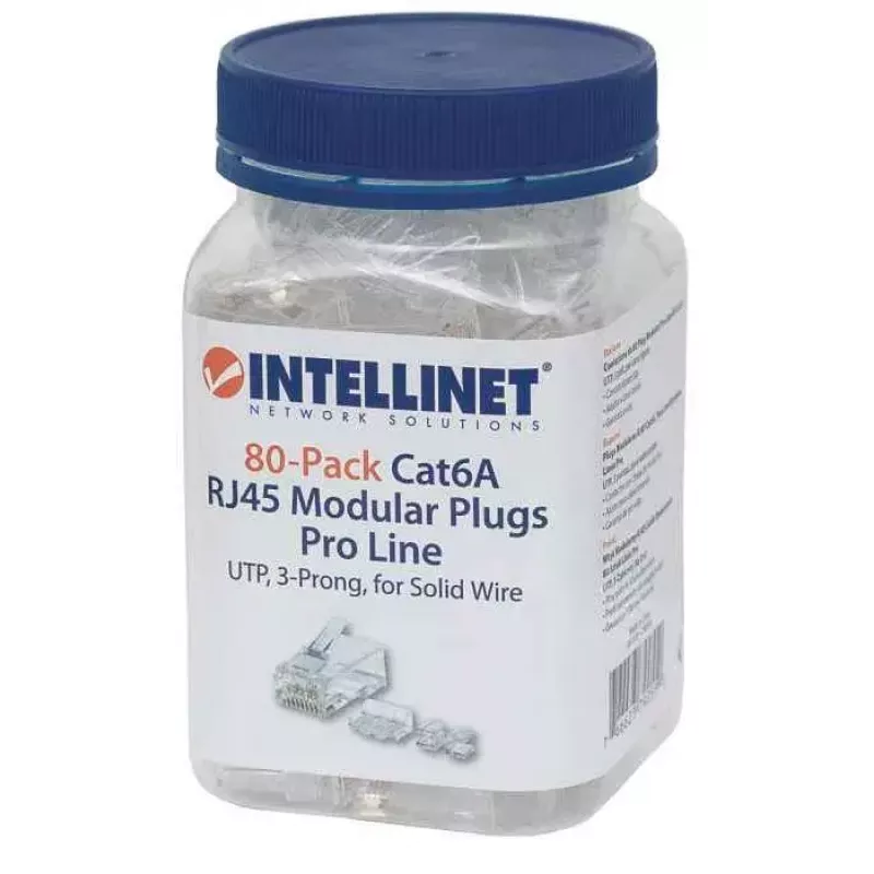 Intellinet RJ45 Modularstecker Pro Line, Cat6A, UTP, 3-zinkig, für Massivdraht, 50 µ vergoldete Kontakte, 80er-Pack