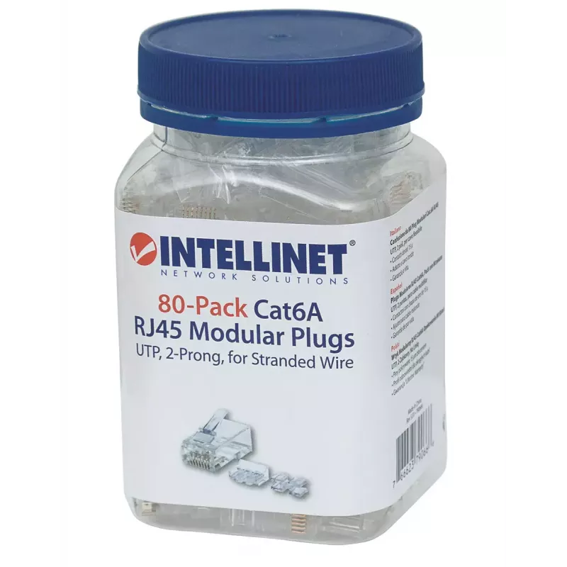 Intellinet RJ45 Modularstecker, Cat6A, UTP, 2-zinkig, für Litzenkabel, 15 µ vergoldete Kontakte, 80er-Pack