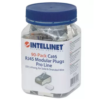 Intellinet RJ45 Modularstecker Pro Line, Cat6, STP, 3‑zinkig, für Massiv- und Litzenleiter, 50 µ vergoldete Kontakte, 90 Stück