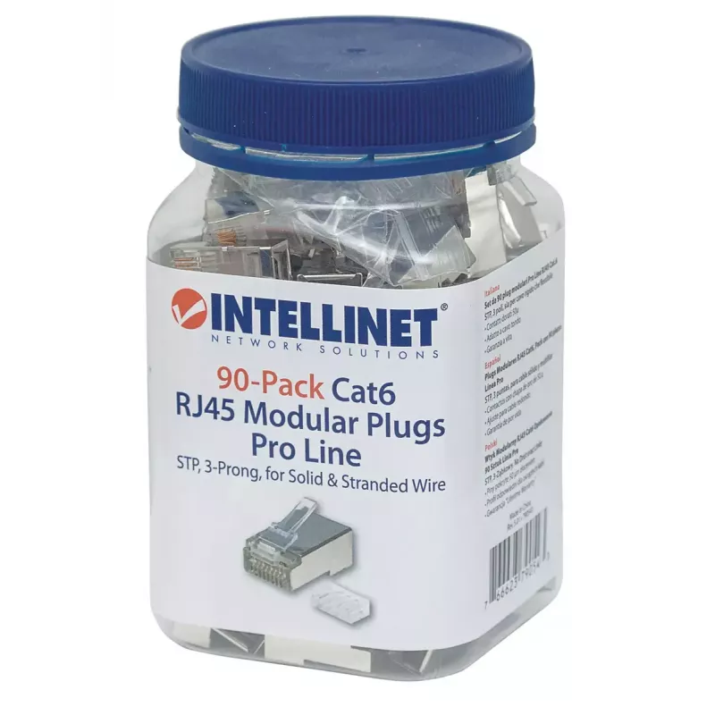 Intellinet RJ45 Modularstecker Pro Line, Cat6, STP, 3‑zinkig, für Massiv- und Litzenleiter, 50 µ vergoldete Kontakte, 90 Stück