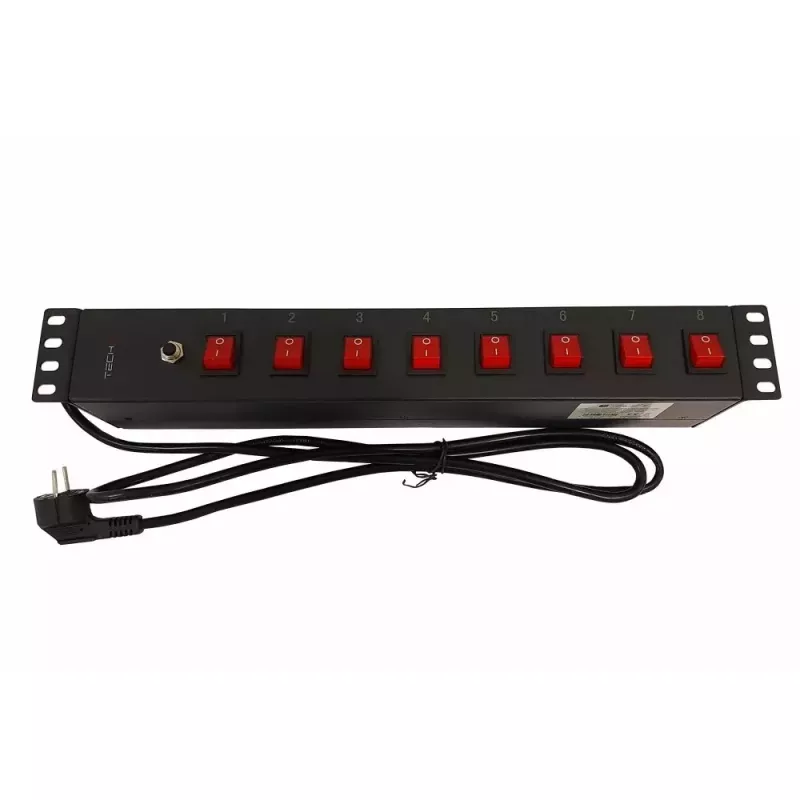 Techly 8-fach 19 Zoll Rack Power Strip mit 8 EIN/AUS-Schaltern 1,5HE