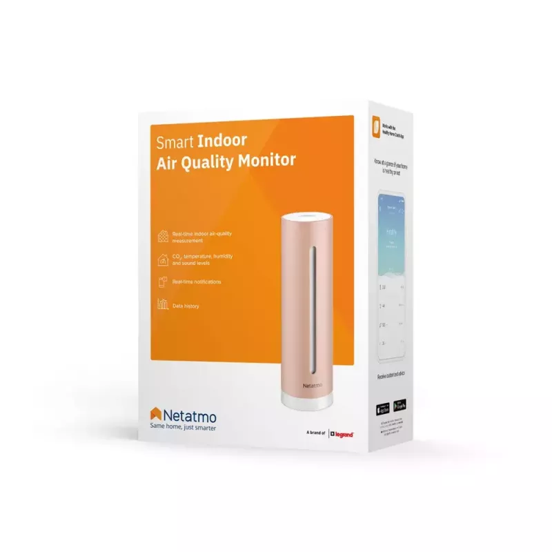 Innenraumluftqualitätsmonitor Netatmo Smart Indoor Air Quality Monitor — CO2 0–5000 ppm, Temperatur 0–50 °C, Lärm, WLAN/Bluetooth, Netzbetrieb, Aluminium, Roségold