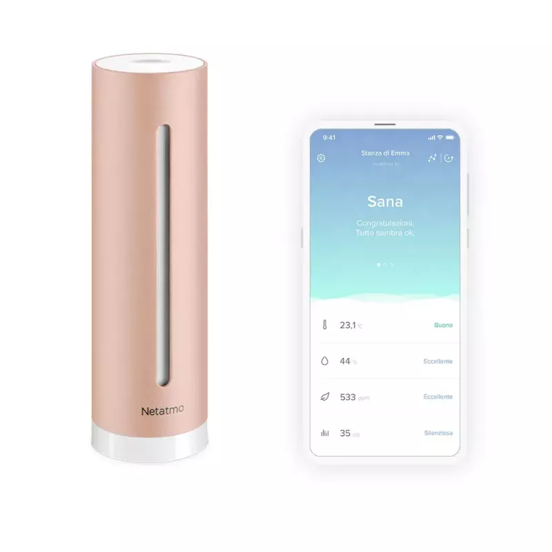 Innenraumluftqualitätsmonitor Netatmo Smart Indoor Air Quality Monitor — CO2 0–5000 ppm, Temperatur 0–50 °C, Lärm, WLAN/Bluetooth, Netzbetrieb, Aluminium, Roségold