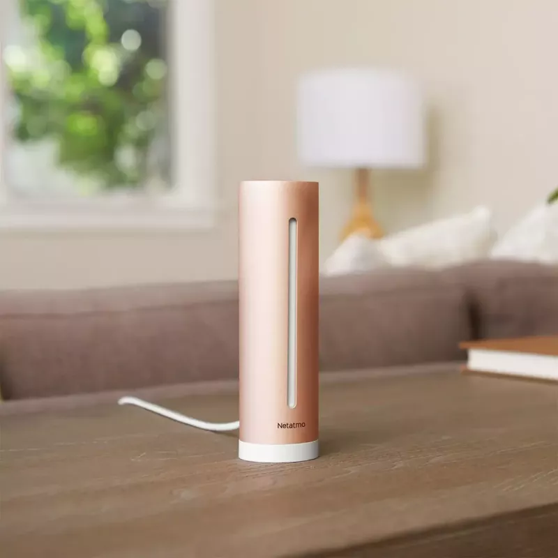 Innenraumluftqualitätsmonitor Netatmo Smart Indoor Air Quality Monitor — CO2 0–5000 ppm, Temperatur 0–50 °C, Lärm, WLAN/Bluetooth, Netzbetrieb, Aluminium, Roségold