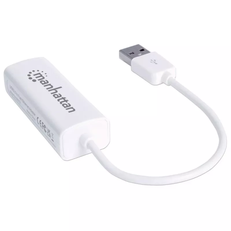 Manhattan USB-A Fast Ethernet Adapter, 10/100 Mbit/s Netzwerk, 480 Mbit/s (USB 2.0), Hi-Speed USB, RJ45, Weiß, drei Jahre Garantie