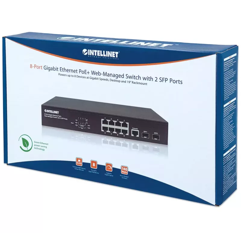 Managed Switch Intellinet 8-Port Gigabit Ethernet PoE+ mit 2 SFP Ports