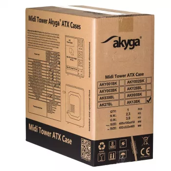PC-Gehäuse Akyga AK13BK Micro Tower – ATX/Micro-ATX, 3×3,5-Zoll-Laufwerksschächte, 3×2,5-Zoll-Laufwerksschächte, oberes Netzteil, USB 3.2 Gen1×2, max. GPU 385 mm, schwarz