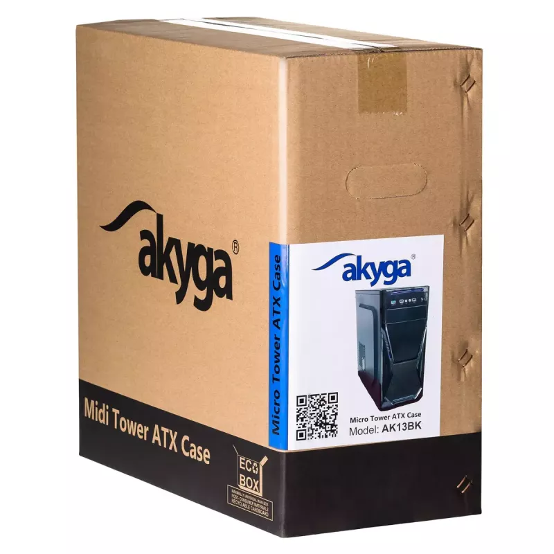 PC-Gehäuse Akyga AK13BK Micro Tower – ATX/Micro-ATX, 3×3,5-Zoll-Laufwerksschächte, 3×2,5-Zoll-Laufwerksschächte, oberes Netzteil, USB 3.2 Gen1×2, max. GPU 385 mm, schwarz